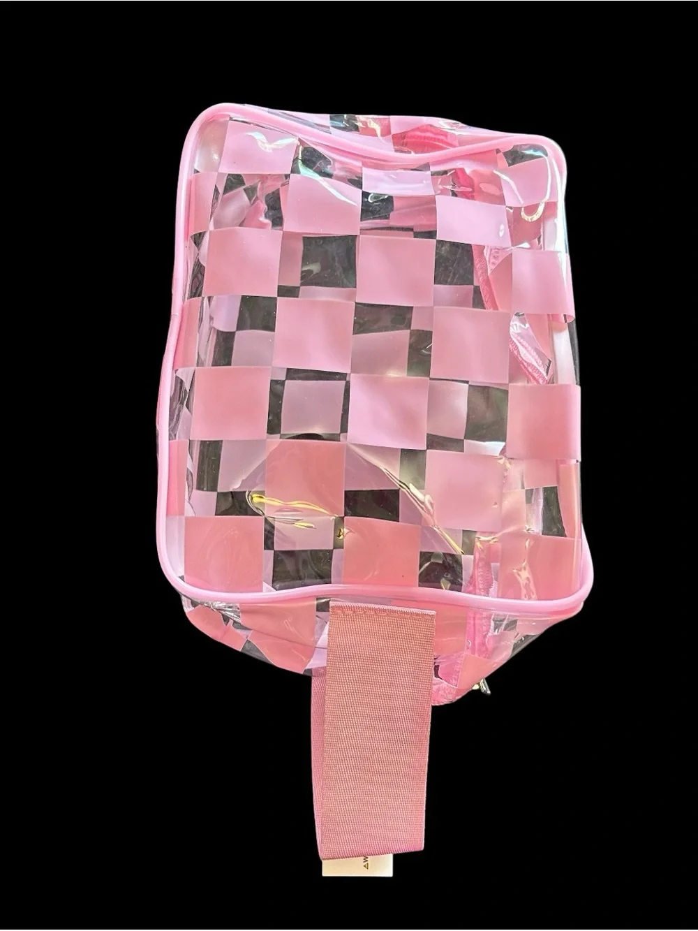 Clear Zippered Pouch Pink Checkered Transparent Cosmetic Case 8X6X4”